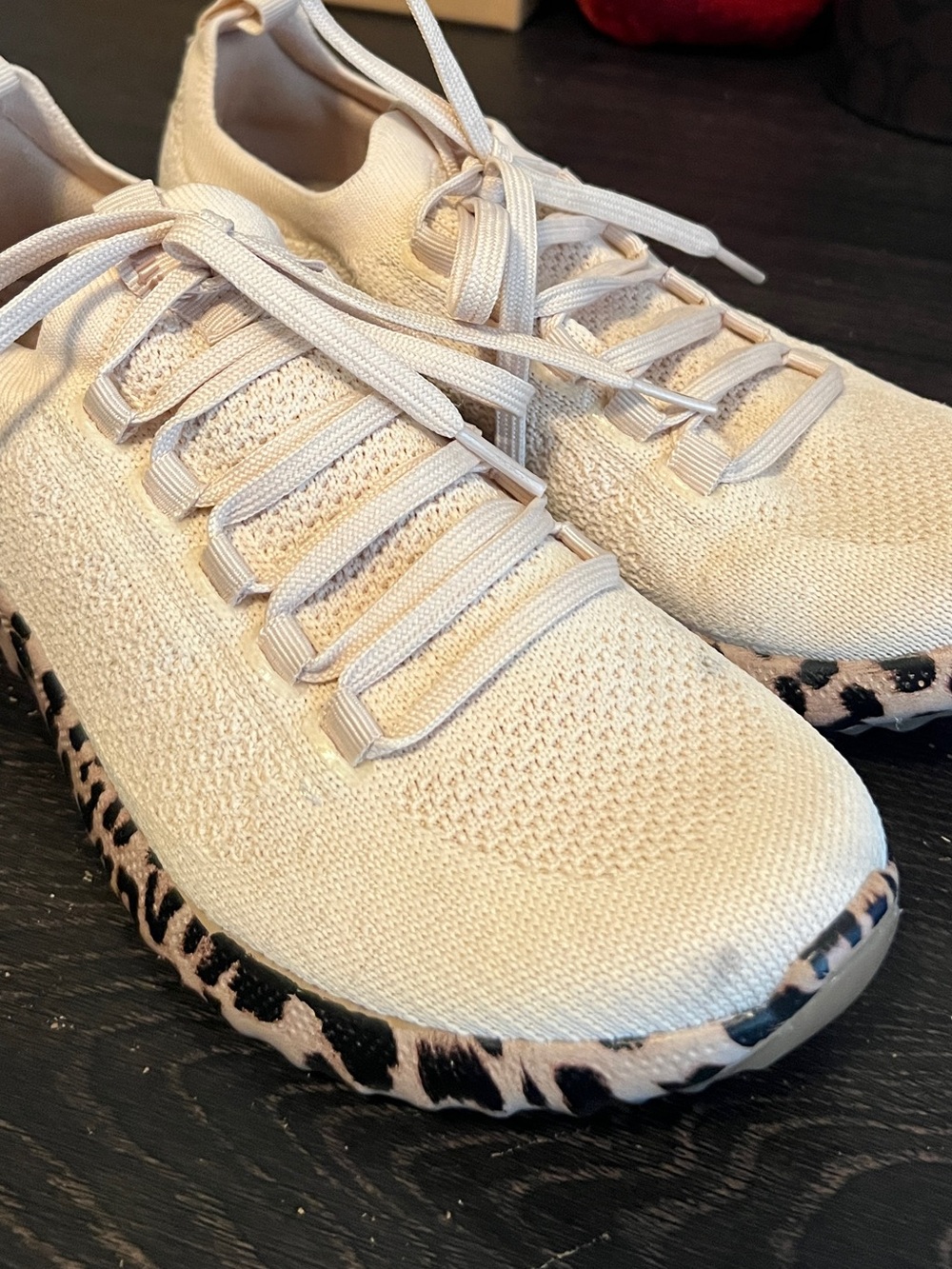Aetrex Cream Knit Lace-Up Sneakers with Leopard-Print Trim